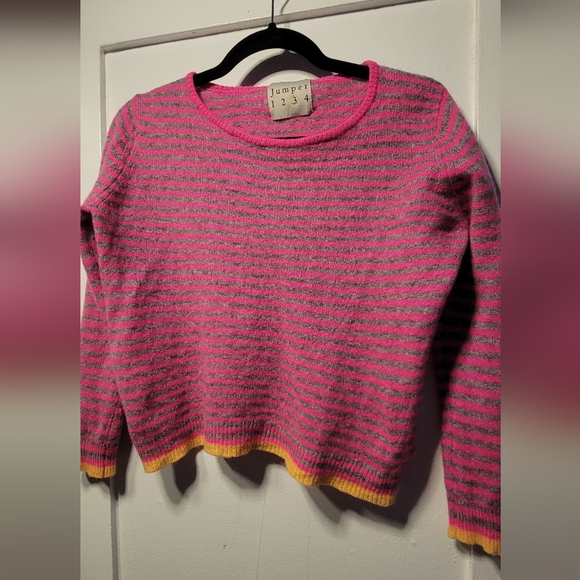 Jumper 1234 – Cashmere Stripe SweaterPink & Grey with Yellow Hem Size 6/8